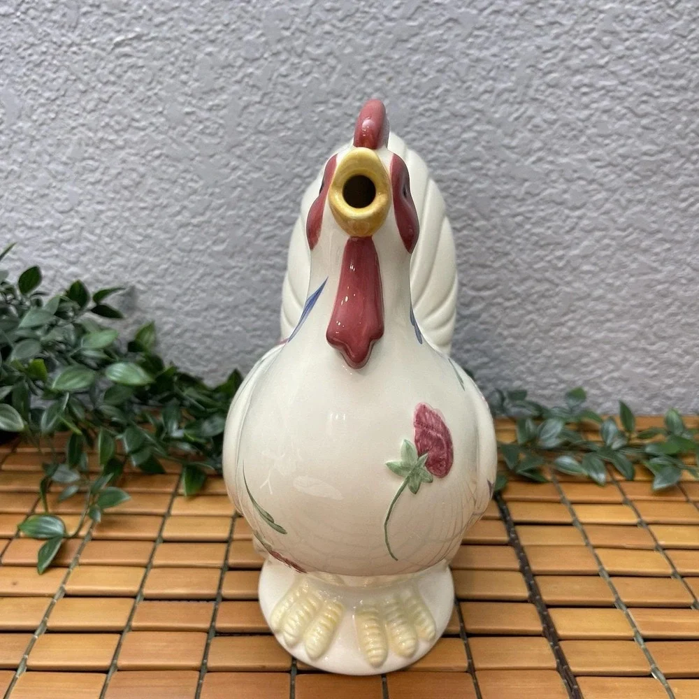 Vintage Lenox Poppies on Blue Barnyard Collection Rooster Pitcher Ceramic Large